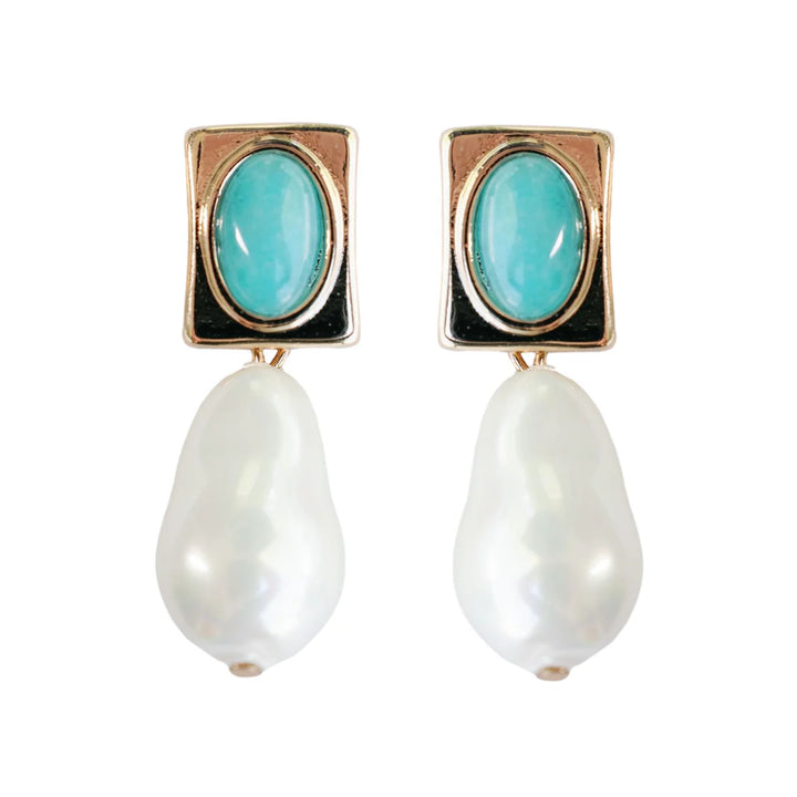 Vintage Square Turquoise & Natural Pearl Drop Earring