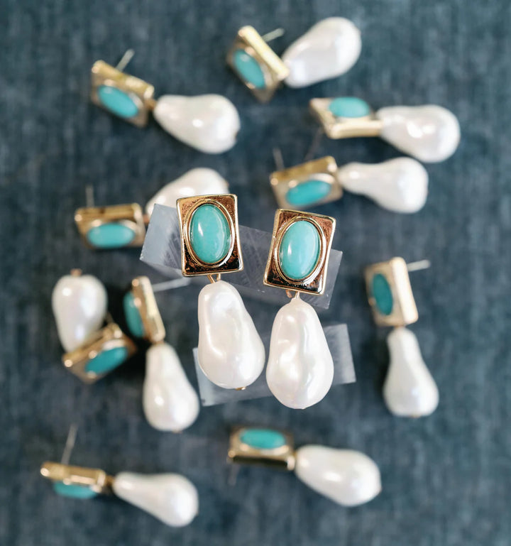 Vintage Square Turquoise & Natural Pearl Drop Earring