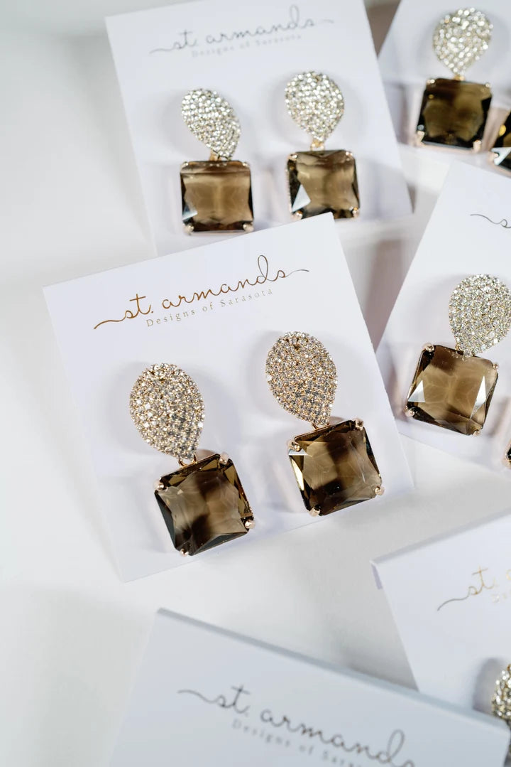 Smokey Brown Quartz Retro Pave Crystal Gum Drop Earrings