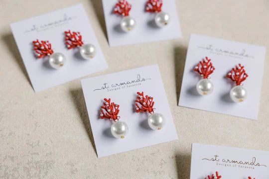 Pearl and Red Coral Mini Statement Earring