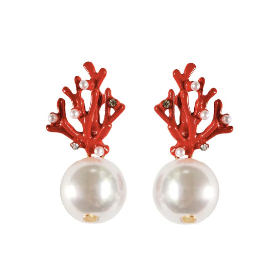 Pearl and Red Coral Mini Statement Earring