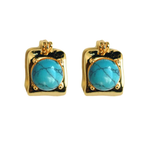 Vintage Mini Square Gold & Turquoise Huggie Hoops