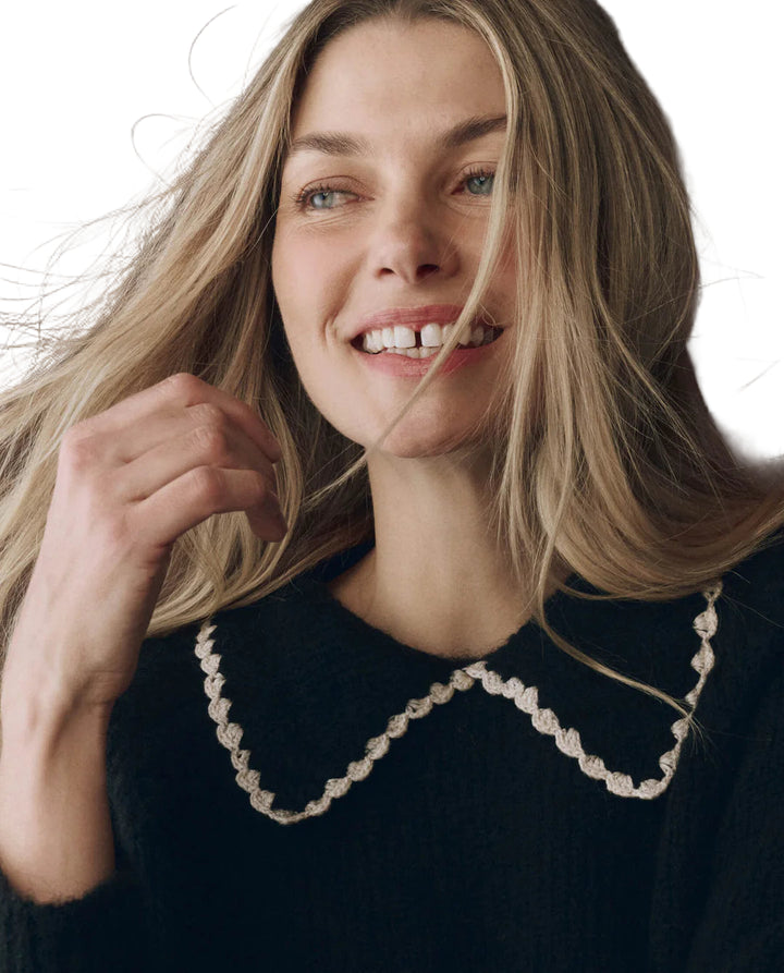 The Crochet Collar Pullover | Black & Soft White