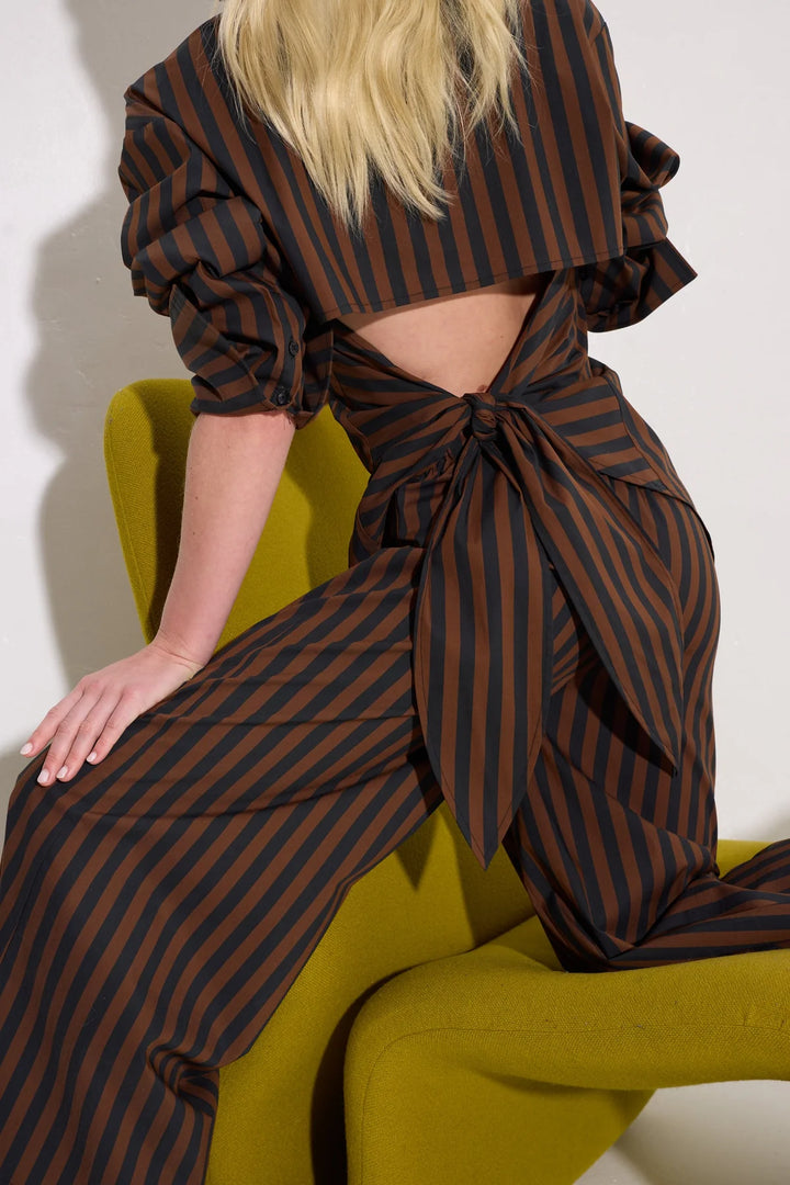 Loch Poplin Button Up | Black & Chocolate Brown Stripe