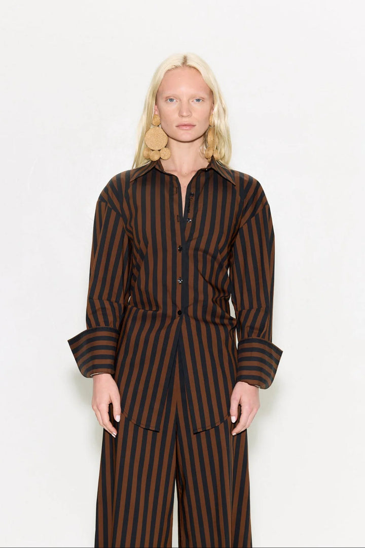 Loch Poplin Button Up | Black & Chocolate Brown Stripe