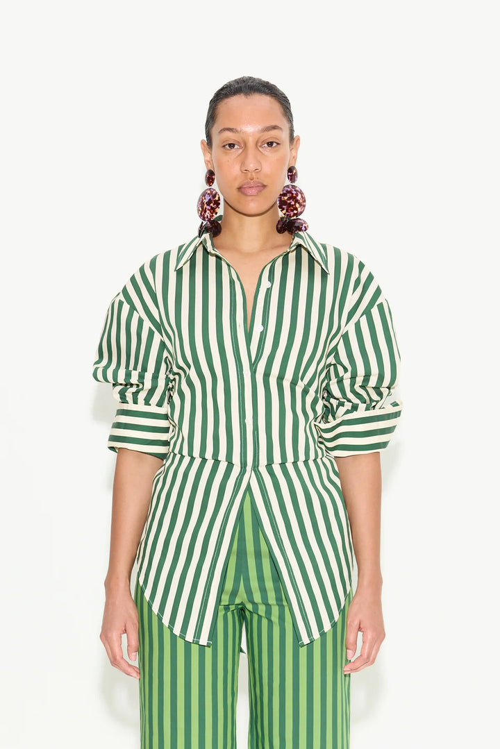 Loch Striped Poplin Button Up | Gummy Green/Ecru