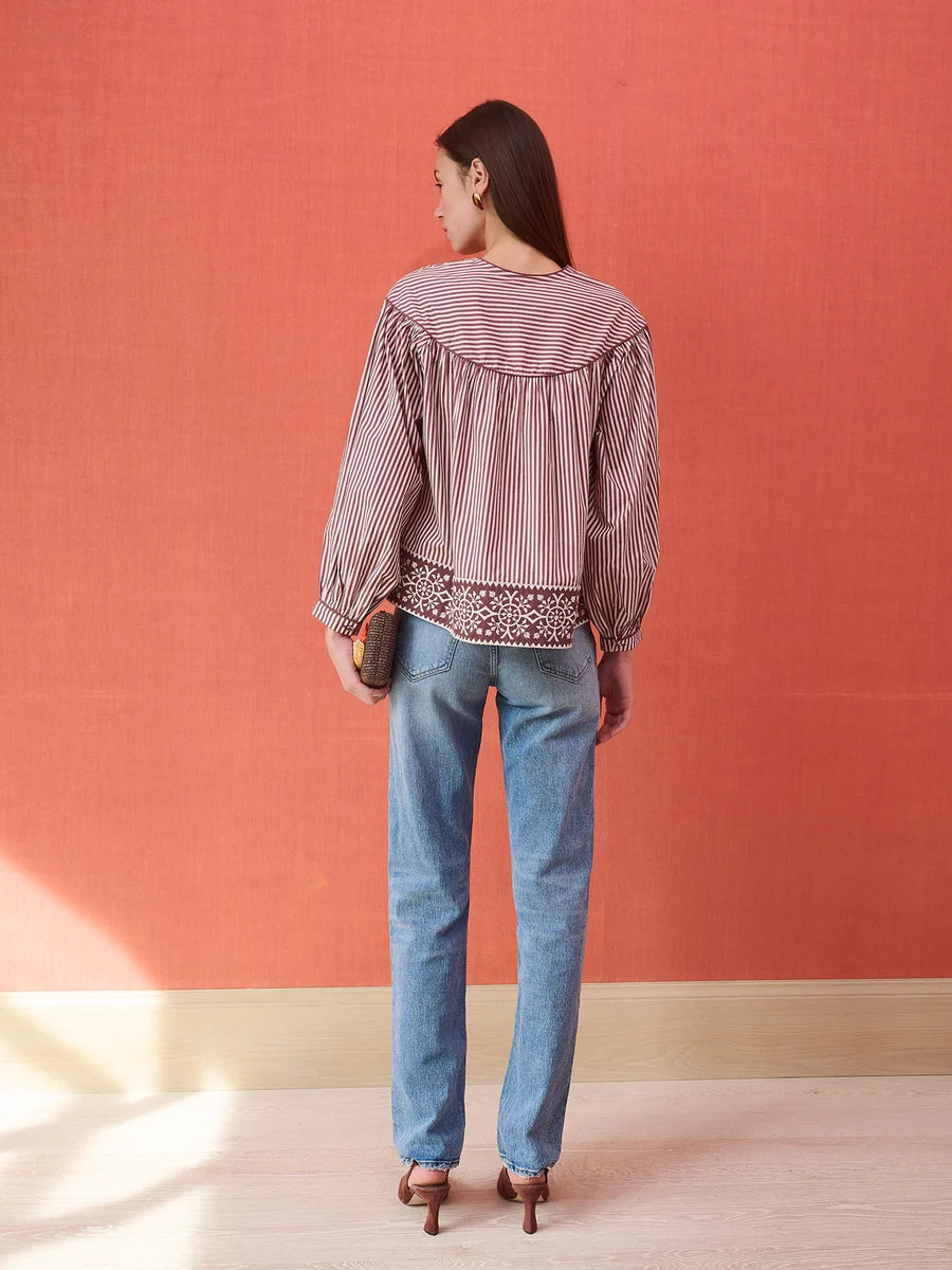 Birdie Blouse | Brown Stripe Embroidered