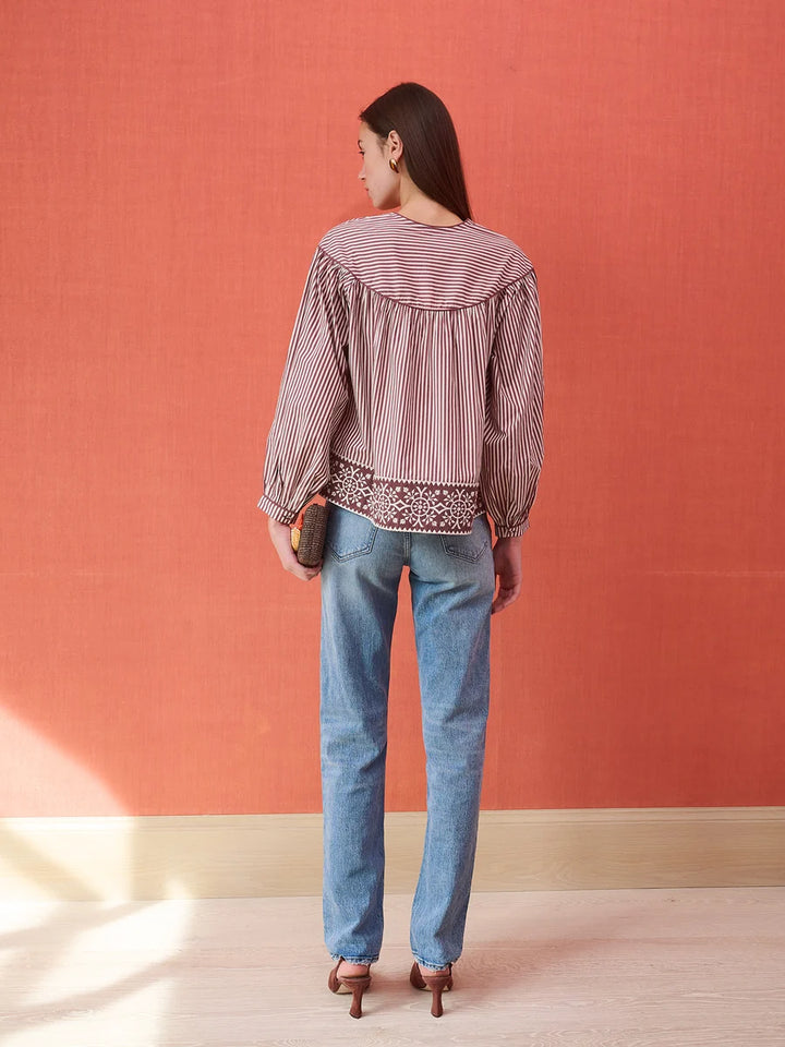 Birdie Blouse | Brown Stripe Embroidered