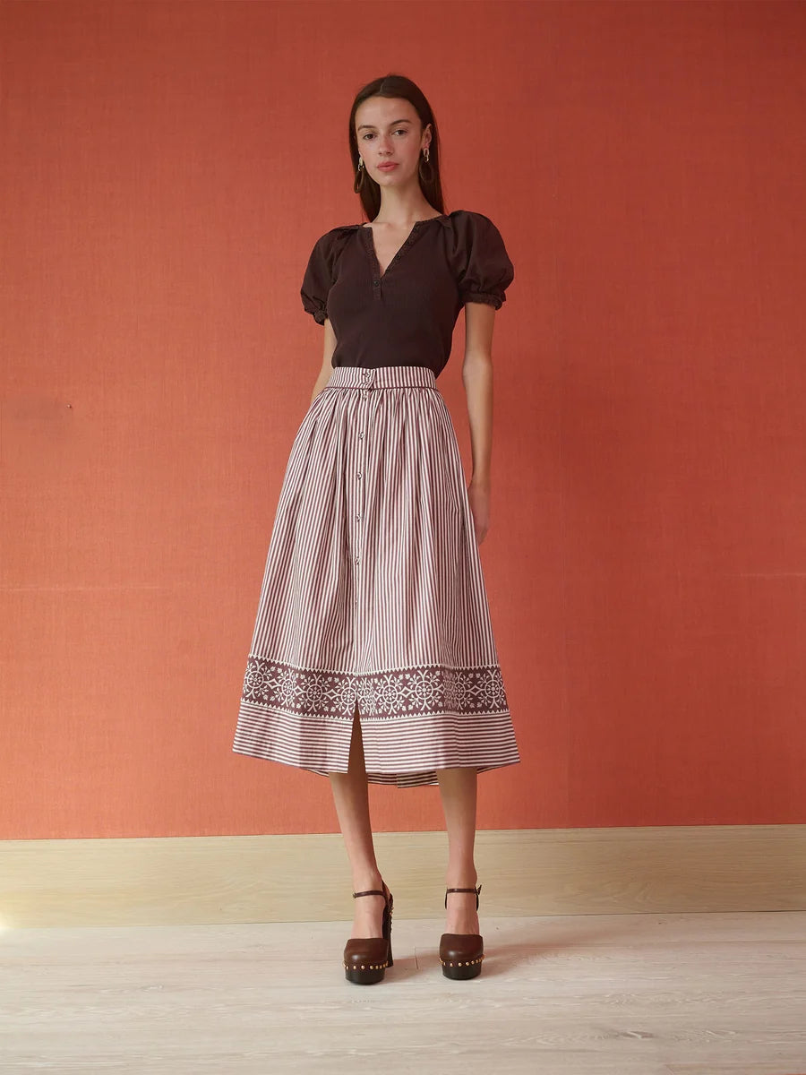 Colette Midi Skirt | Brown Stripe Embroidered