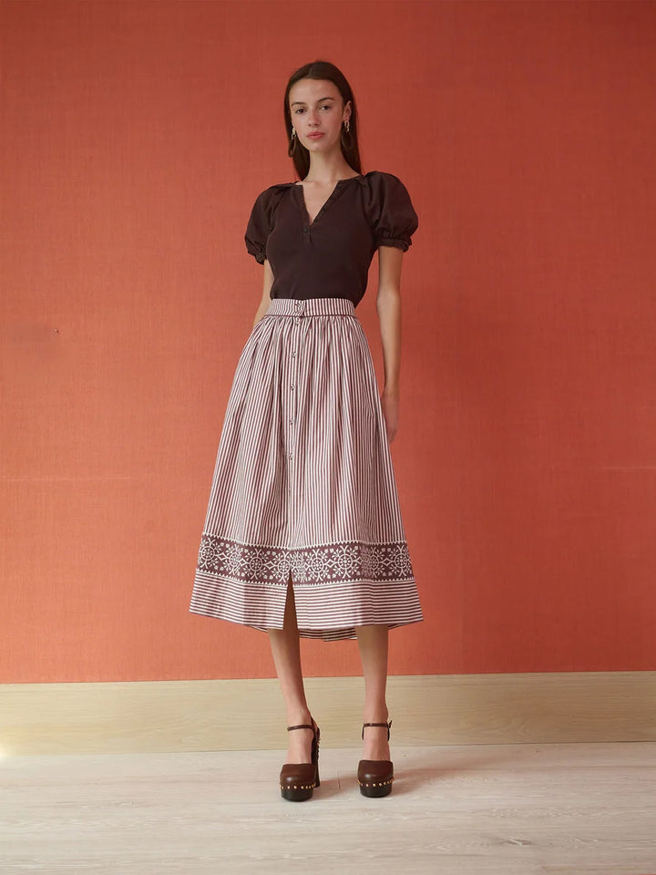 Colette Midi Skirt | Brown Stripe Embroidered