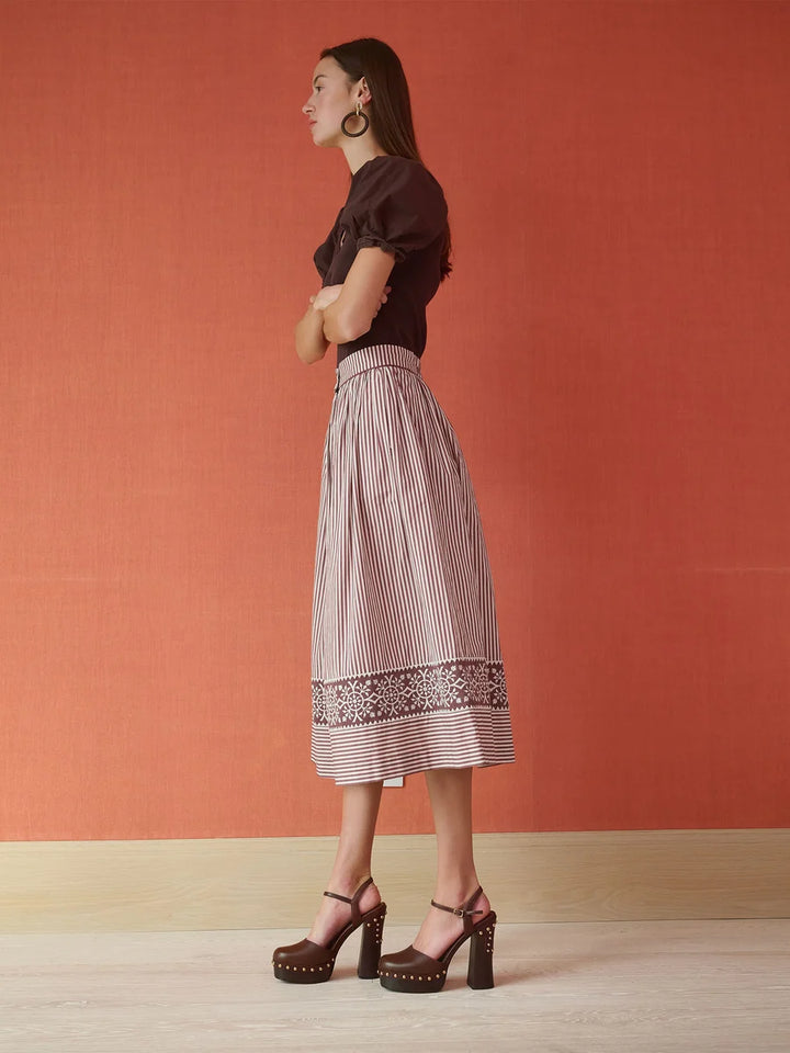 Colette Midi Skirt | Brown Stripe Embroidered