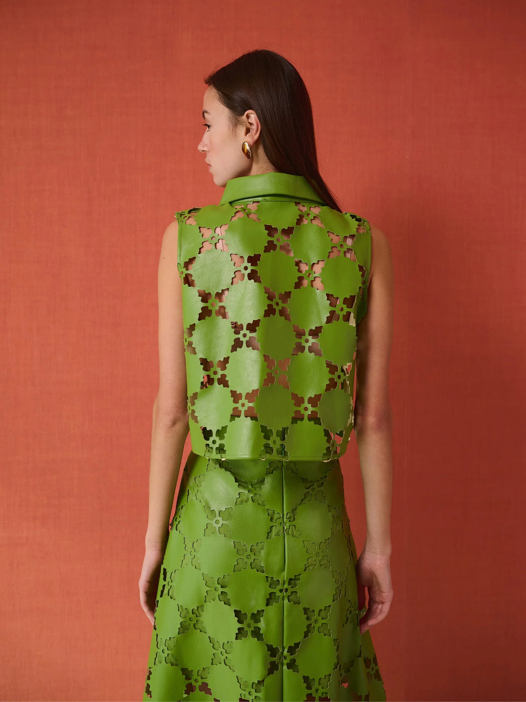 Olive Sleeveless Button Down | Laser Cut Green