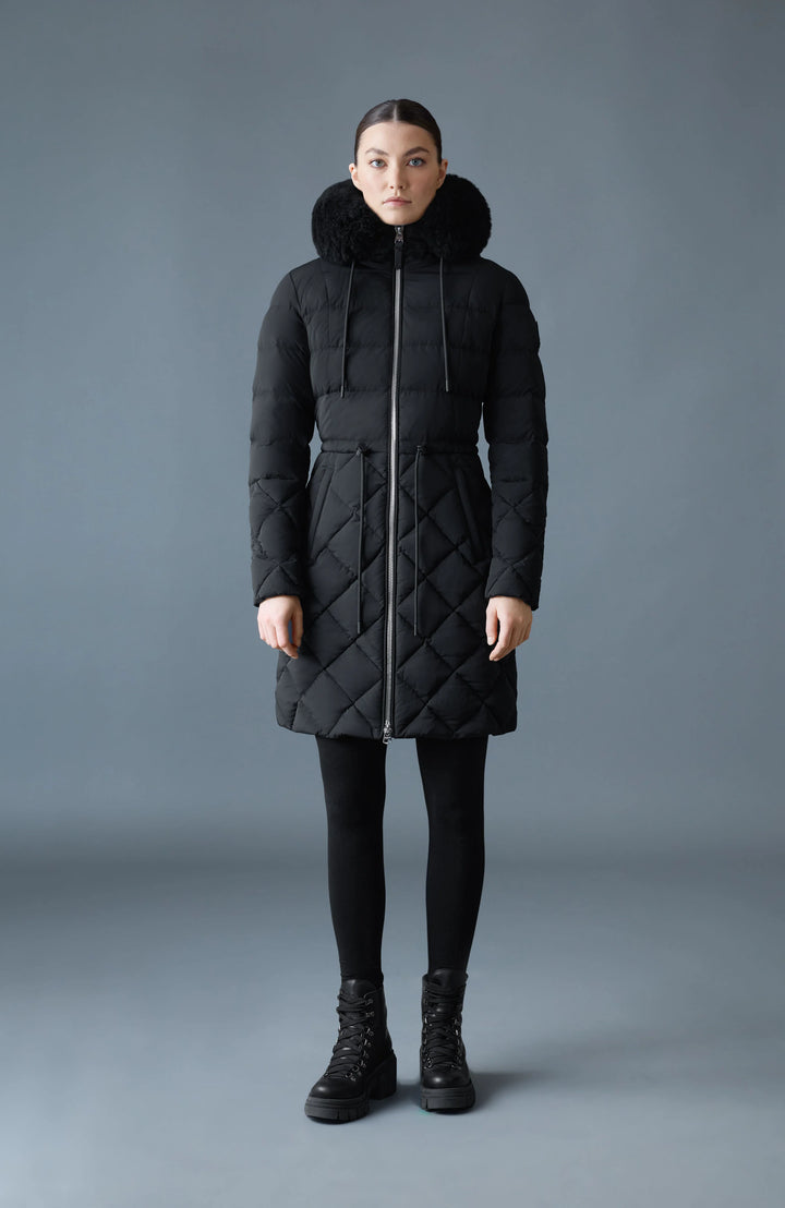 Diamond Quilted Down Coat With Fur Hood | Black