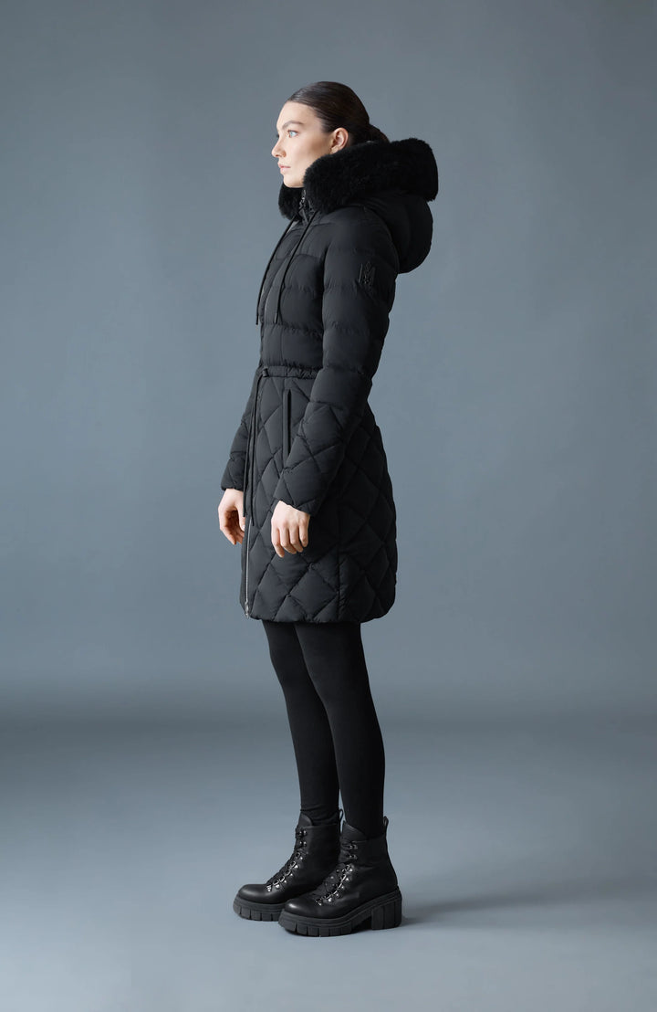 Diamond Quilted Down Coat With Fur Hood | Black