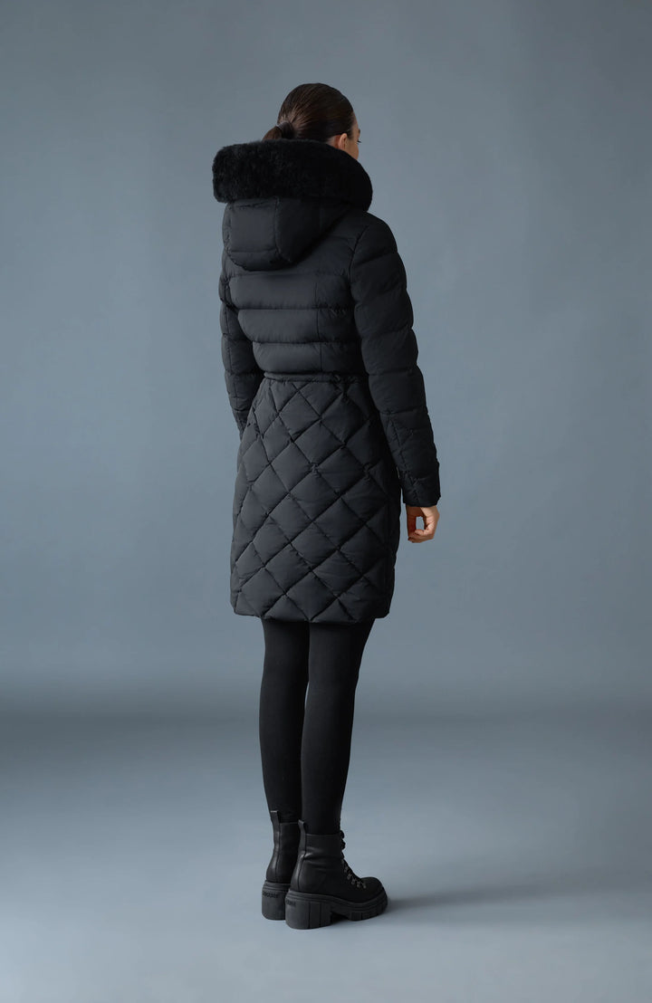 Diamond Quilted Down Coat With Fur Hood | Black