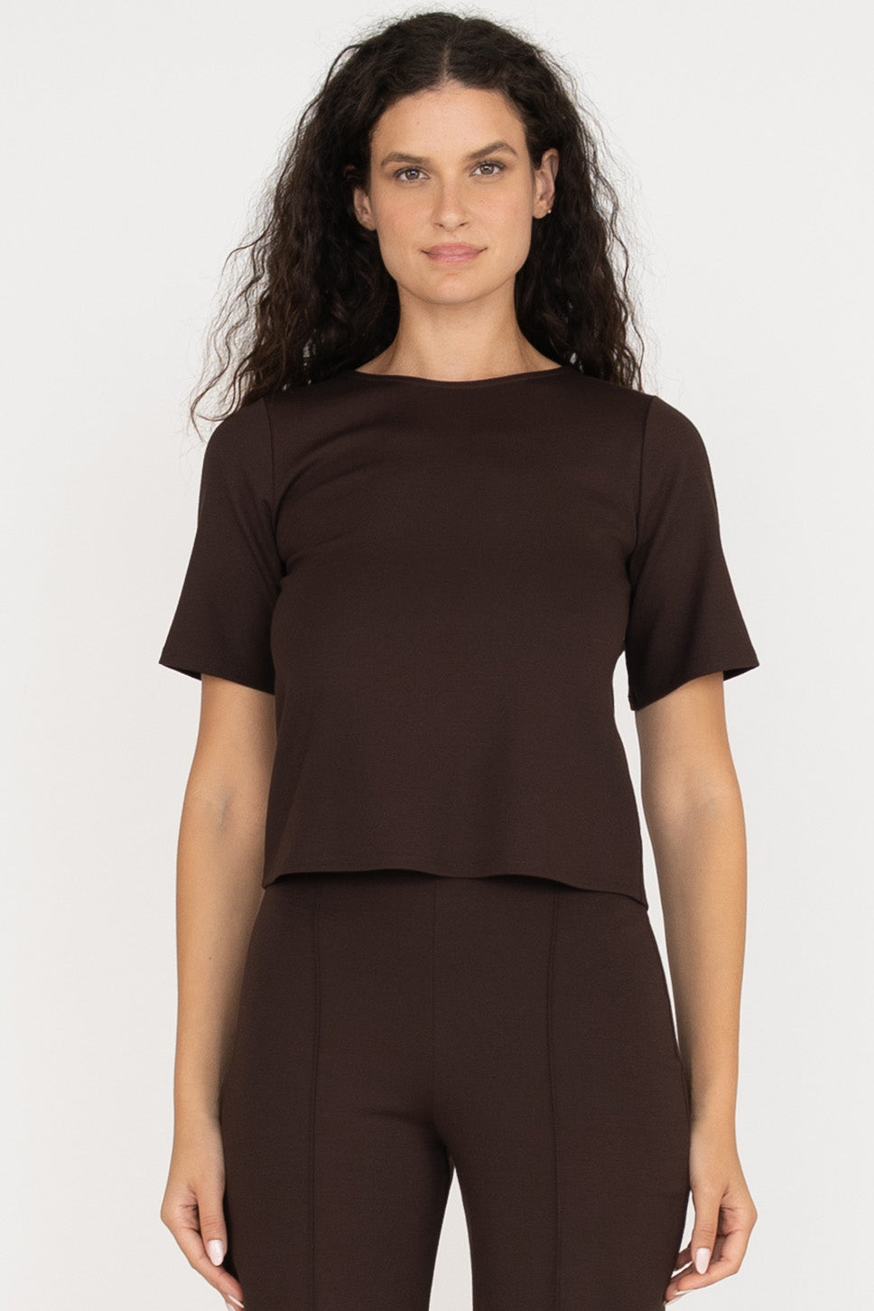 Ponte Knit Extended Short Sleeve Top | Chocolate