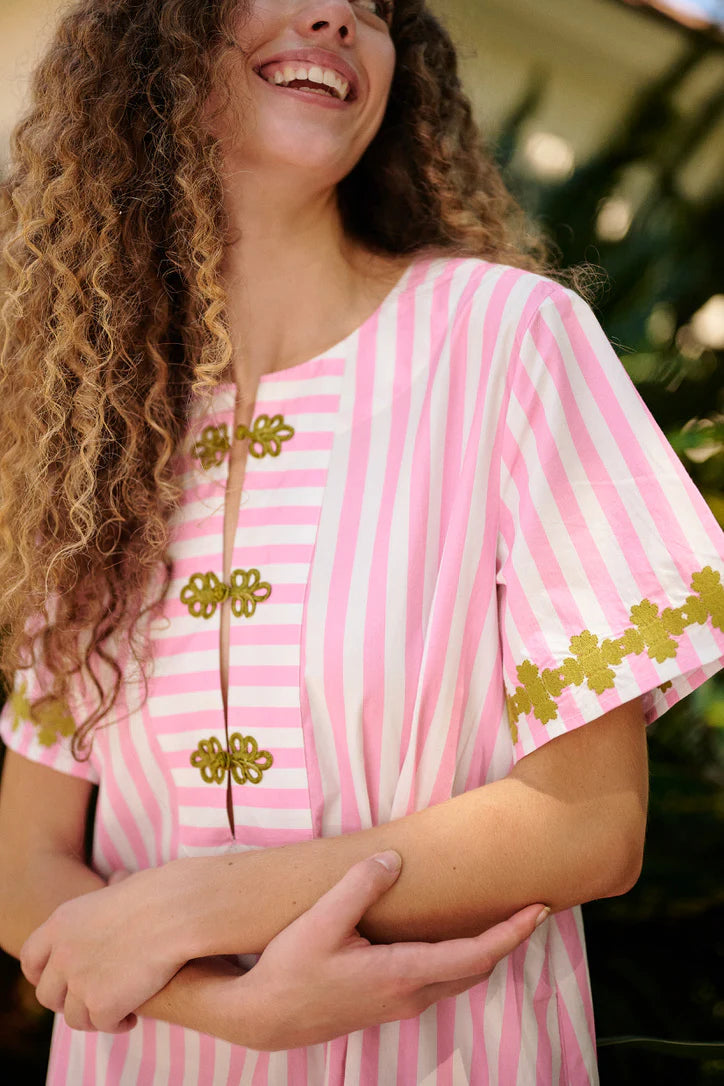 Short Sleeve Maxi Kaftan | Pink Stripe