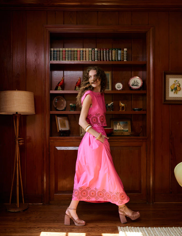 Madelyn Midi Skirt | Pink Embroidered