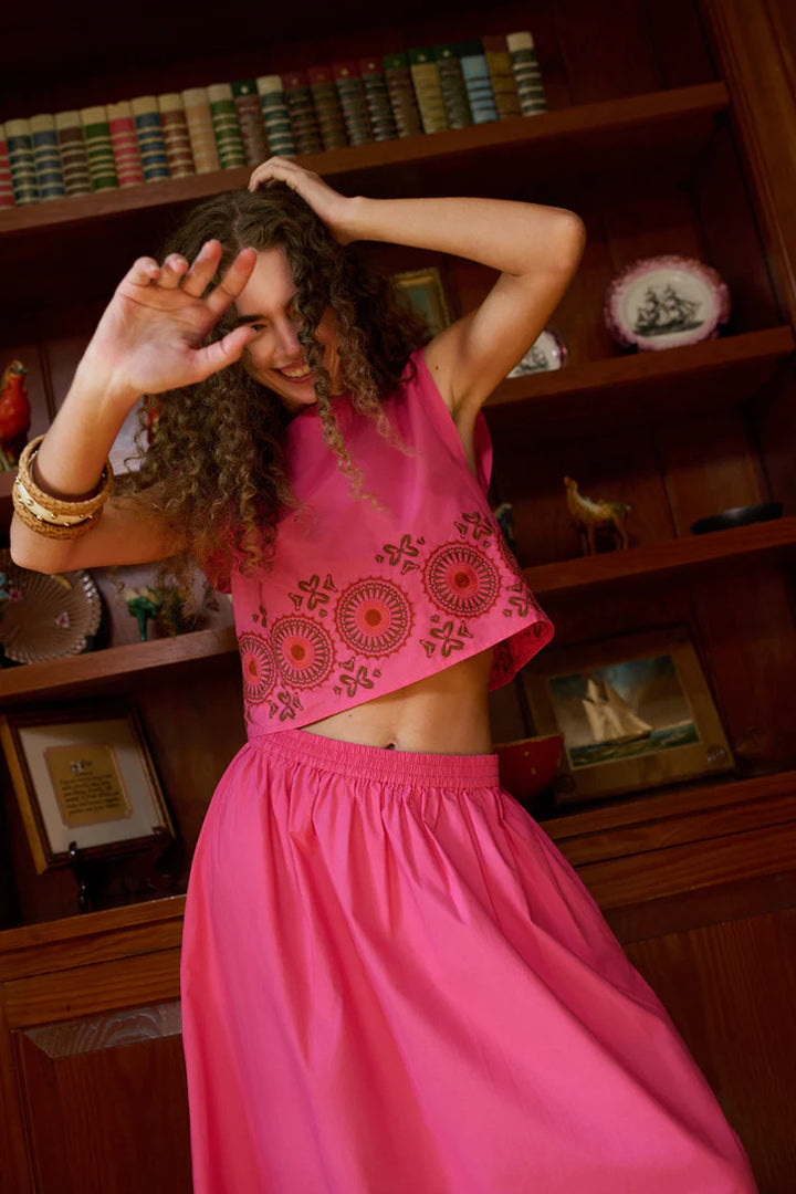 Walker Boxy Crop Top | Pink Embroidered