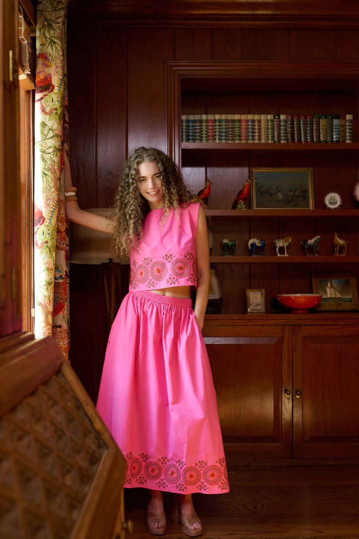 Walker Boxy Crop Top | Pink Embroidered