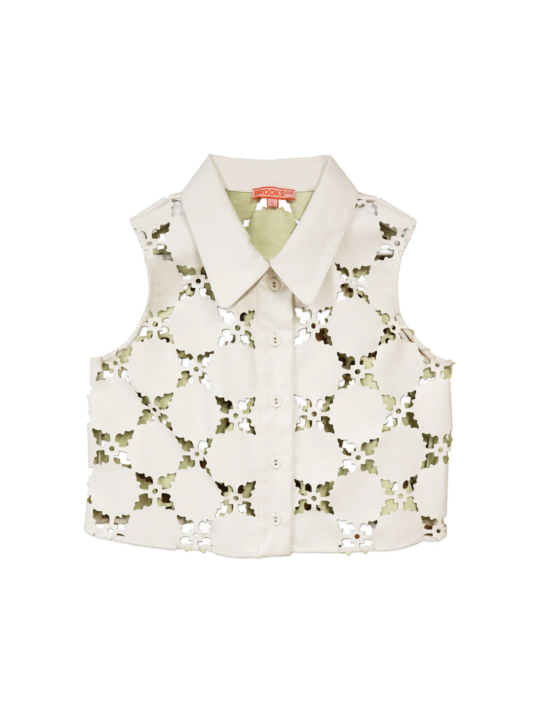 Olive Sleeveless Button Down | White Laser Cut Leather