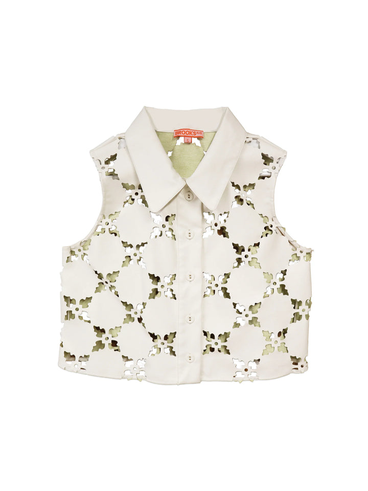 Olive Sleeveless Button Down | White Laser Cut Leather