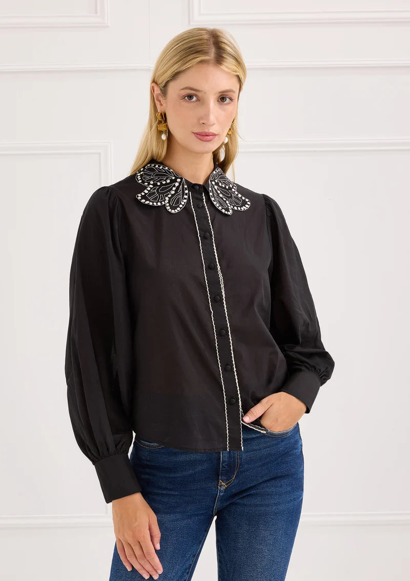 Cami Shirt | Black Butterfly Embroidery