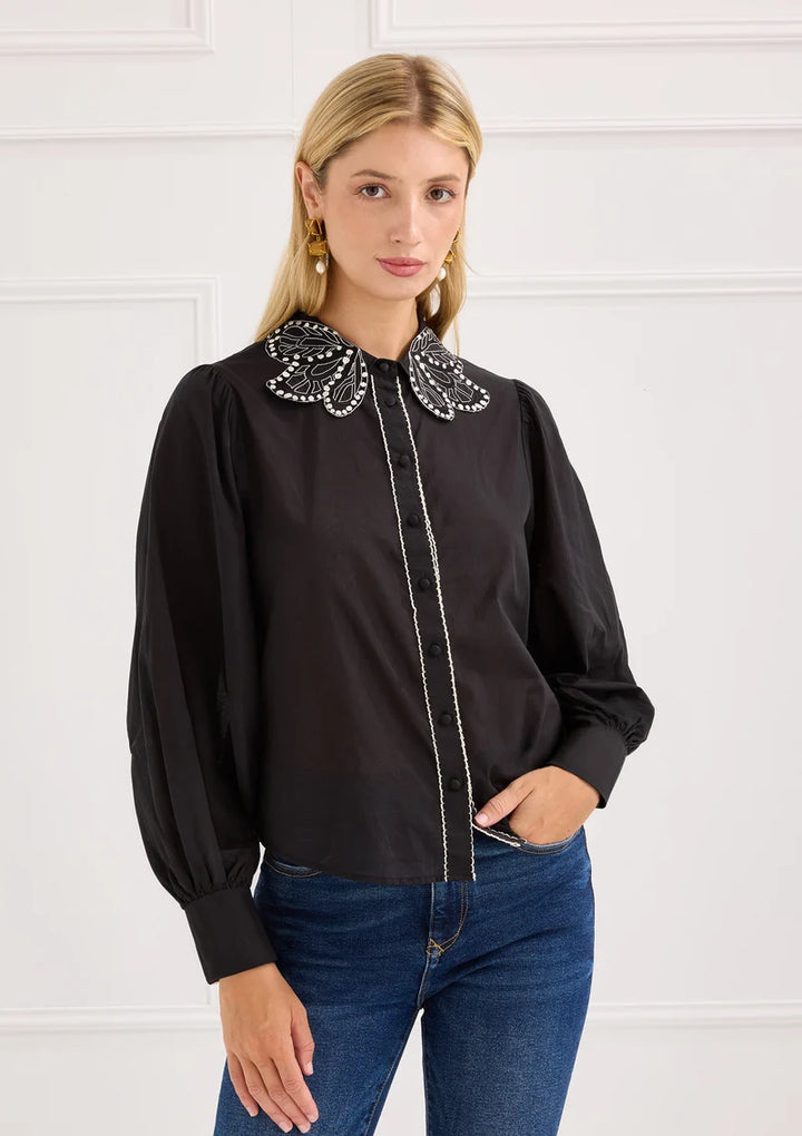 Cami Shirt | Black Butterfly Embroidery