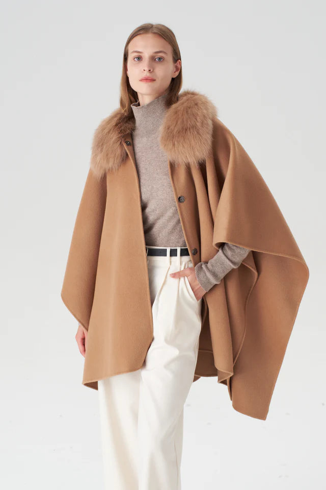 Cashmere Cape with Detachable Fur Collar | +Colors