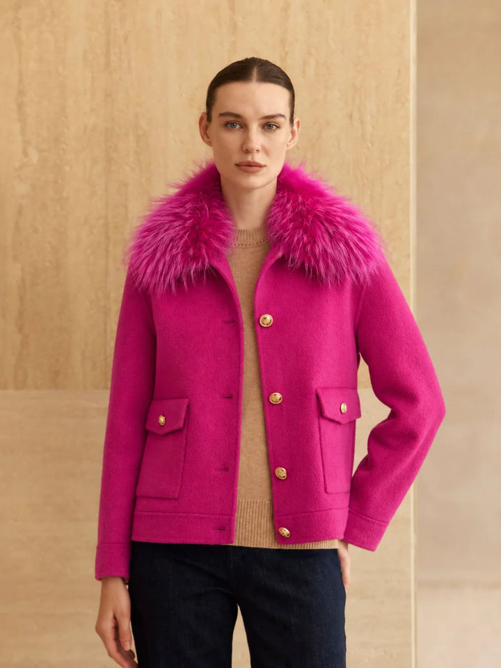 Cashmere Bomber Jacket with Detachable Fur Collar | Glow Pink