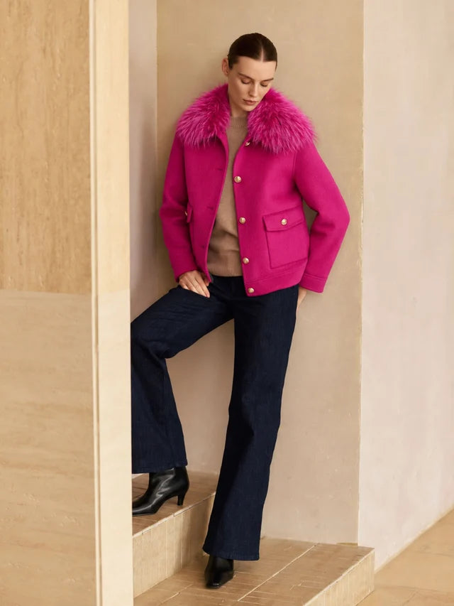 Cashmere Bomber Jacket with Detachable Fur Collar | Glow Pink