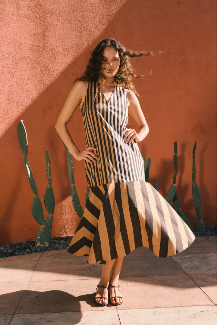 Celeste Midi Dress | Black & Tan Stripe Combo