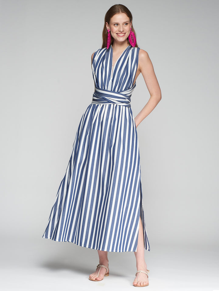 Cruzado Dress | White & Blue Stripe