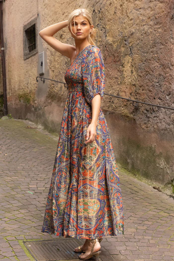 Long Sleeve One Shoulder Smocked Maxi Dress | Cobalt