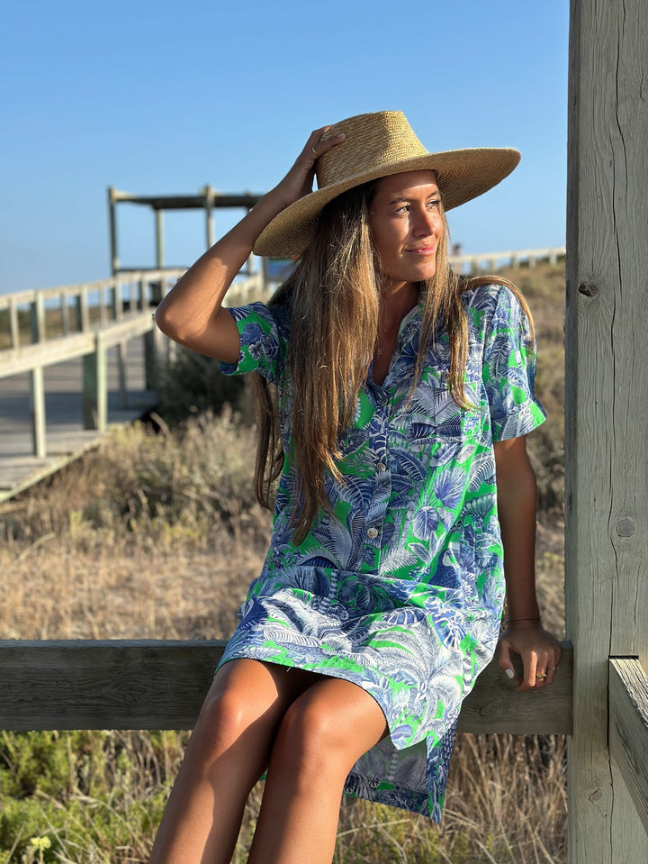 Shirt Dress | Green & Blue Leaves