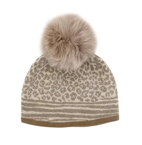 Leopard Print Beanie with Fox Fur Pompom | +Colors