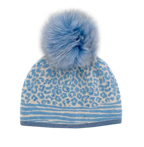 Leopard Print Beanie with Fox Fur Pompom | +Colors