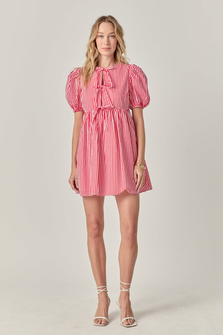 Bow Tie Puff Sleeve Mini Dress | Red
