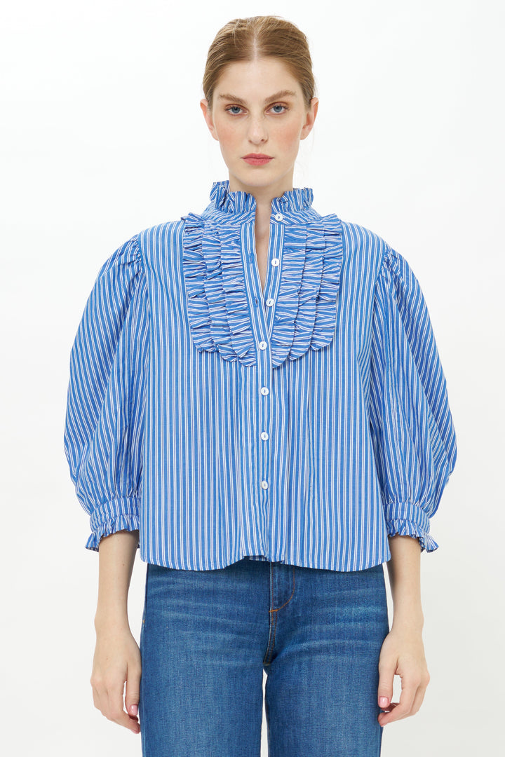 Ruffle Front Button Blouse | Devon Blue