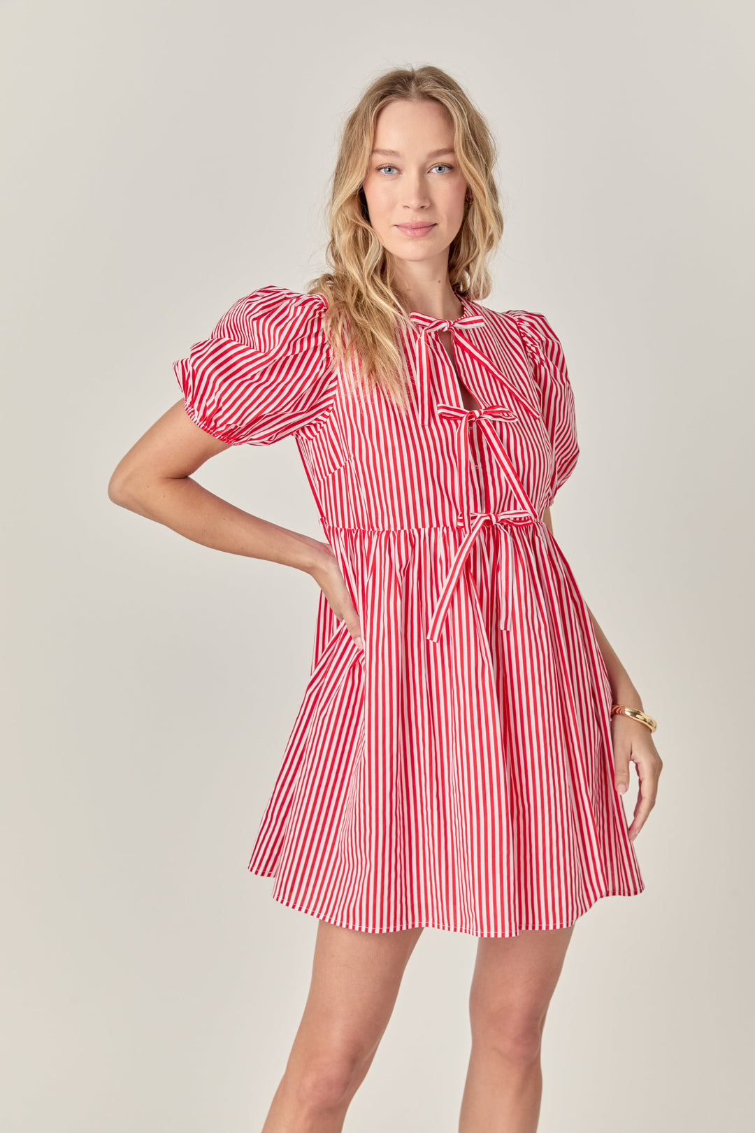 Bow Tie Puff Sleeve Mini Dress | Red
