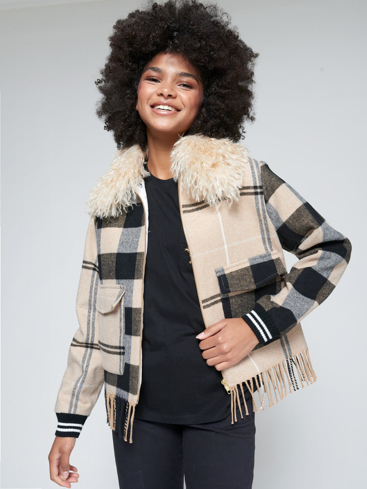 Checked Wool Bomber with Fringes