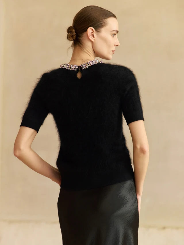 Jeweled Cashmere Short-Sleeve Sweater | Midnight Noir