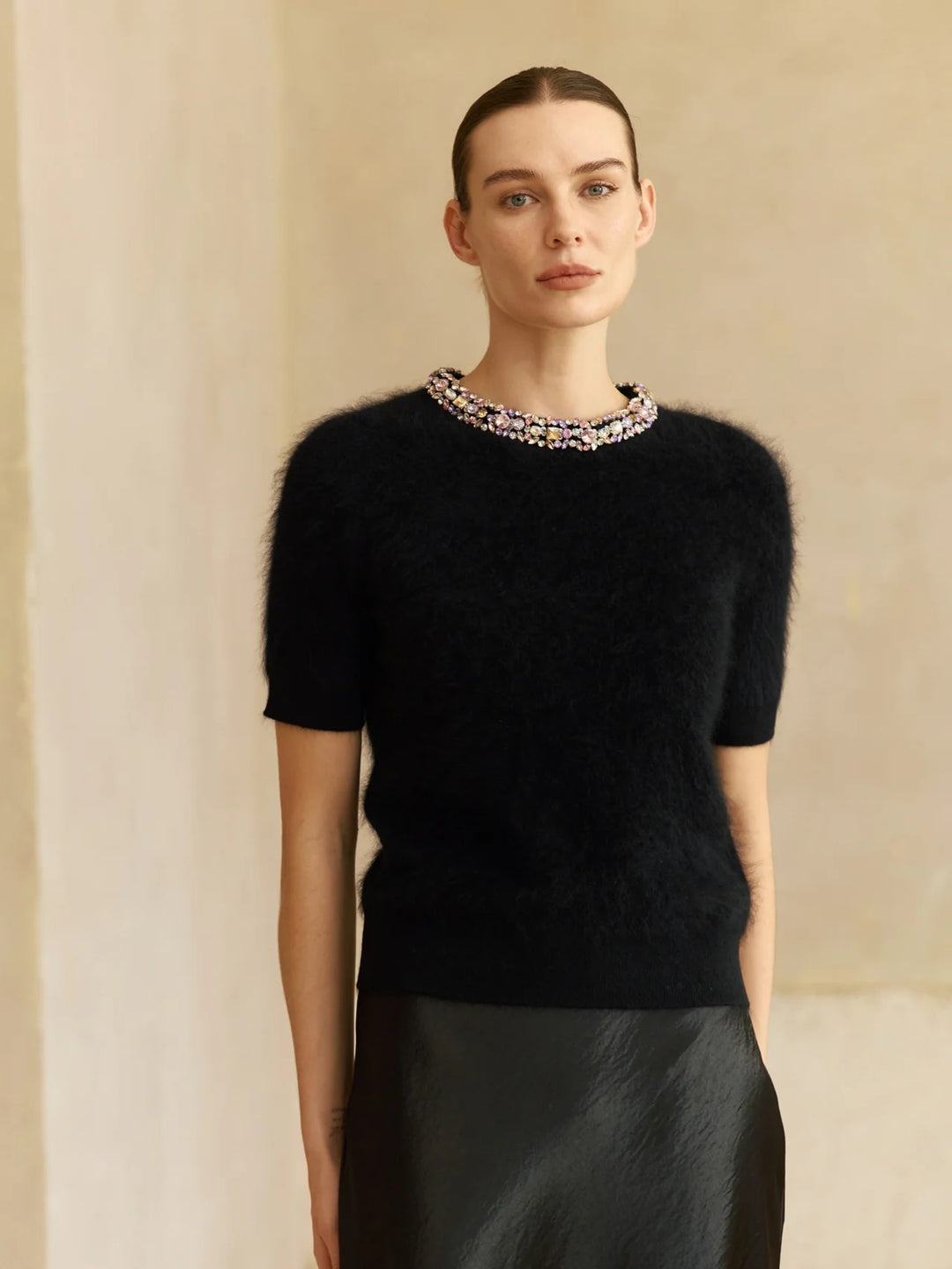 Jeweled Cashmere Short-Sleeve Sweater | Midnight Noir