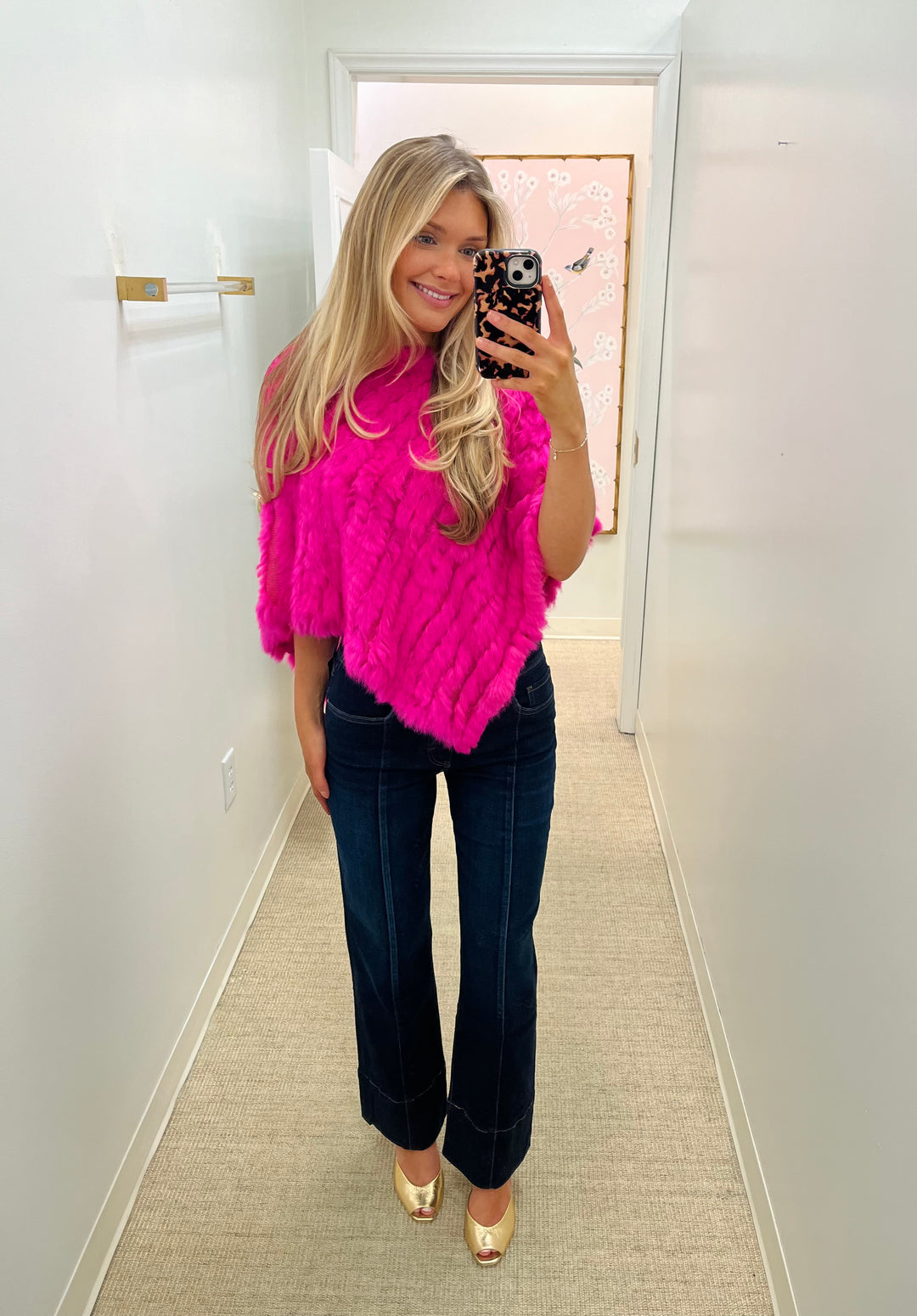 Genuine Rabbit Fur Poncho | Hot Pink