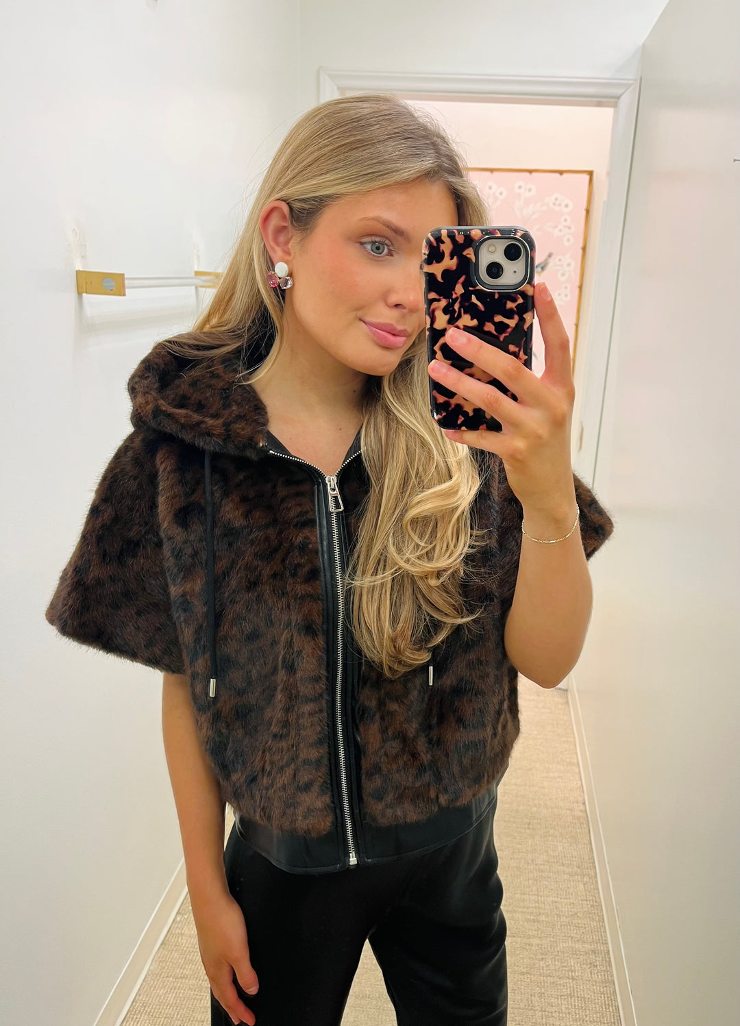 Faux Fur Vegan Leather Trim Hoody Vest | Leopard