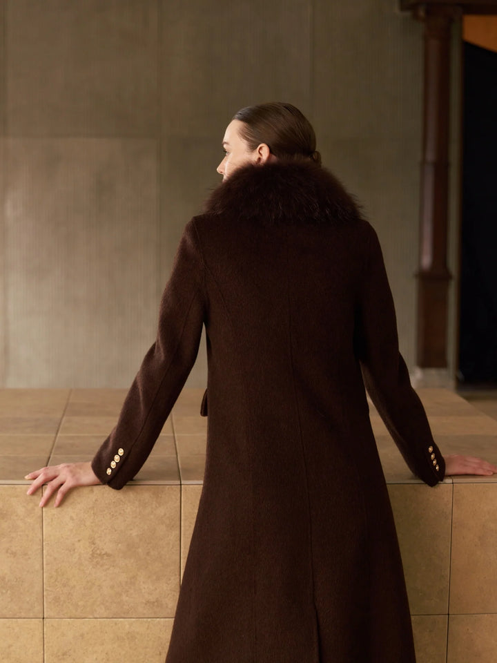 Cashmere Long Coat with Fur Collar | Chocolate Brown