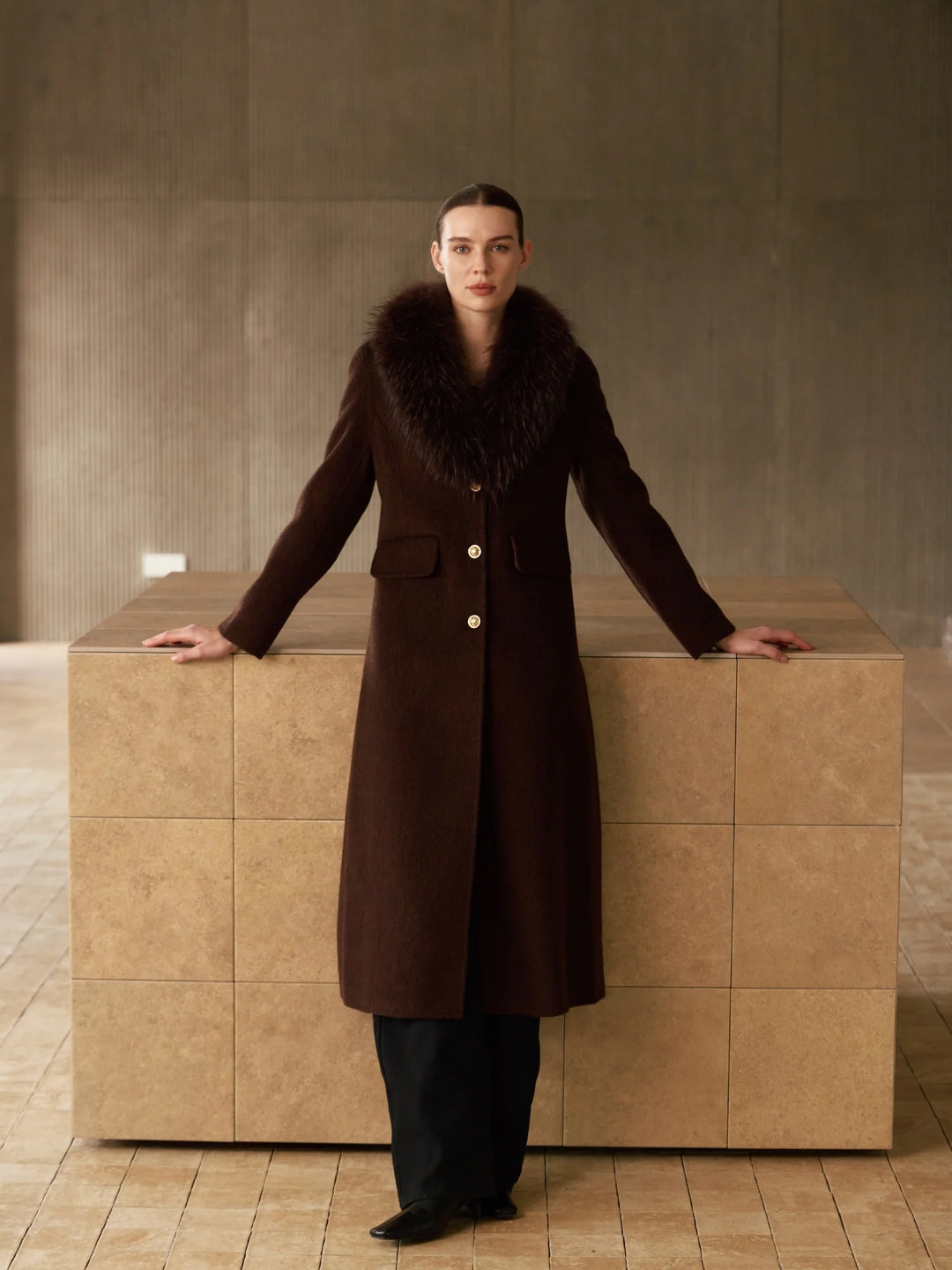 Cashmere Long Coat with Fur Collar | Chocolate Brown