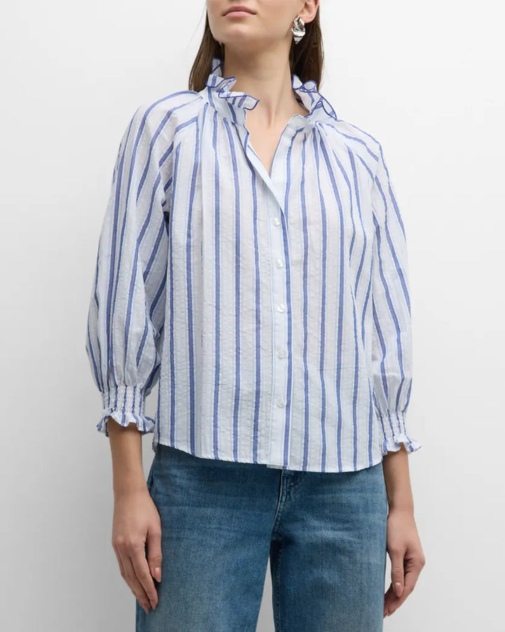 Finley Fiona Ruffle Neck Shirt | White & Blue