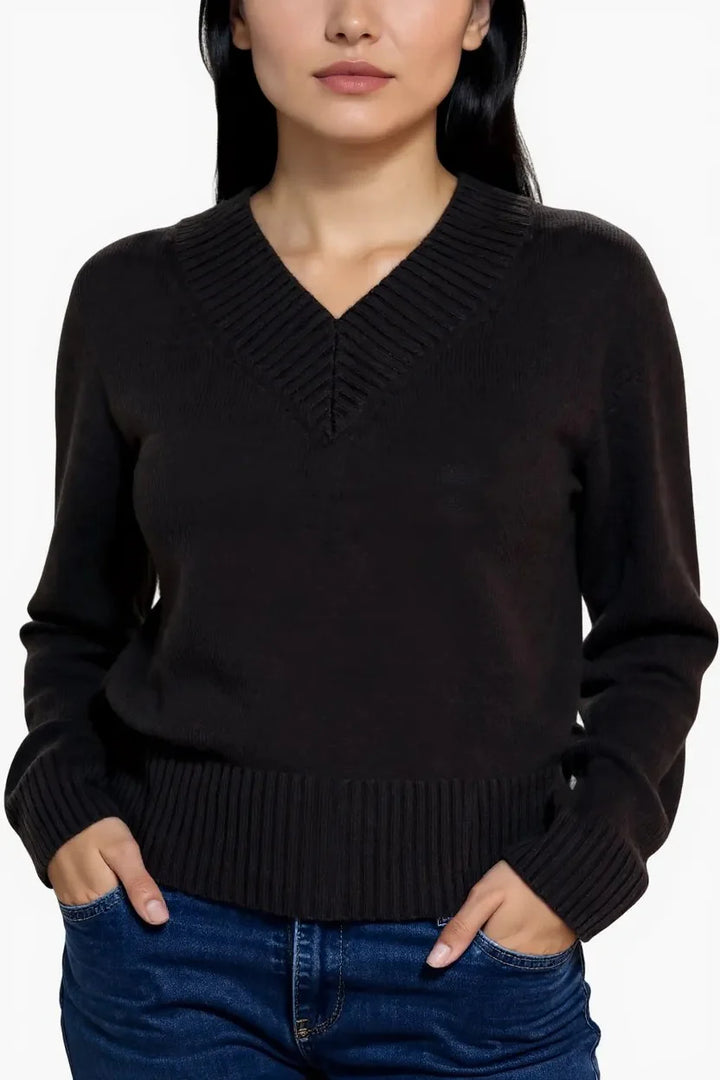 Cashmere Wide Rib Trim V-Neck | Dark Umber