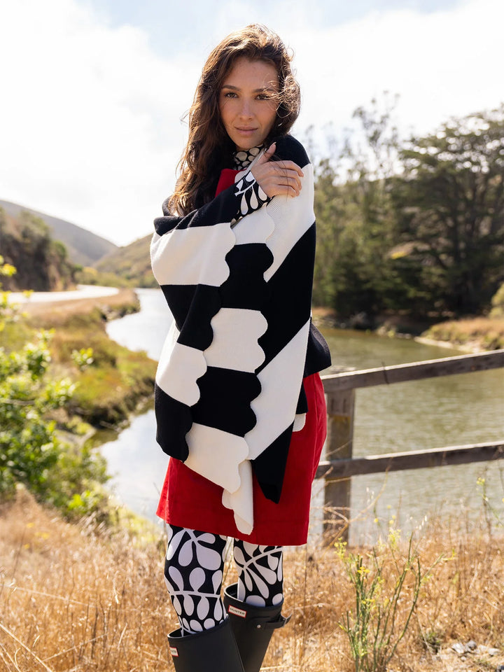 PORTIA Scalloped Cape | Black/Ivory Stripe